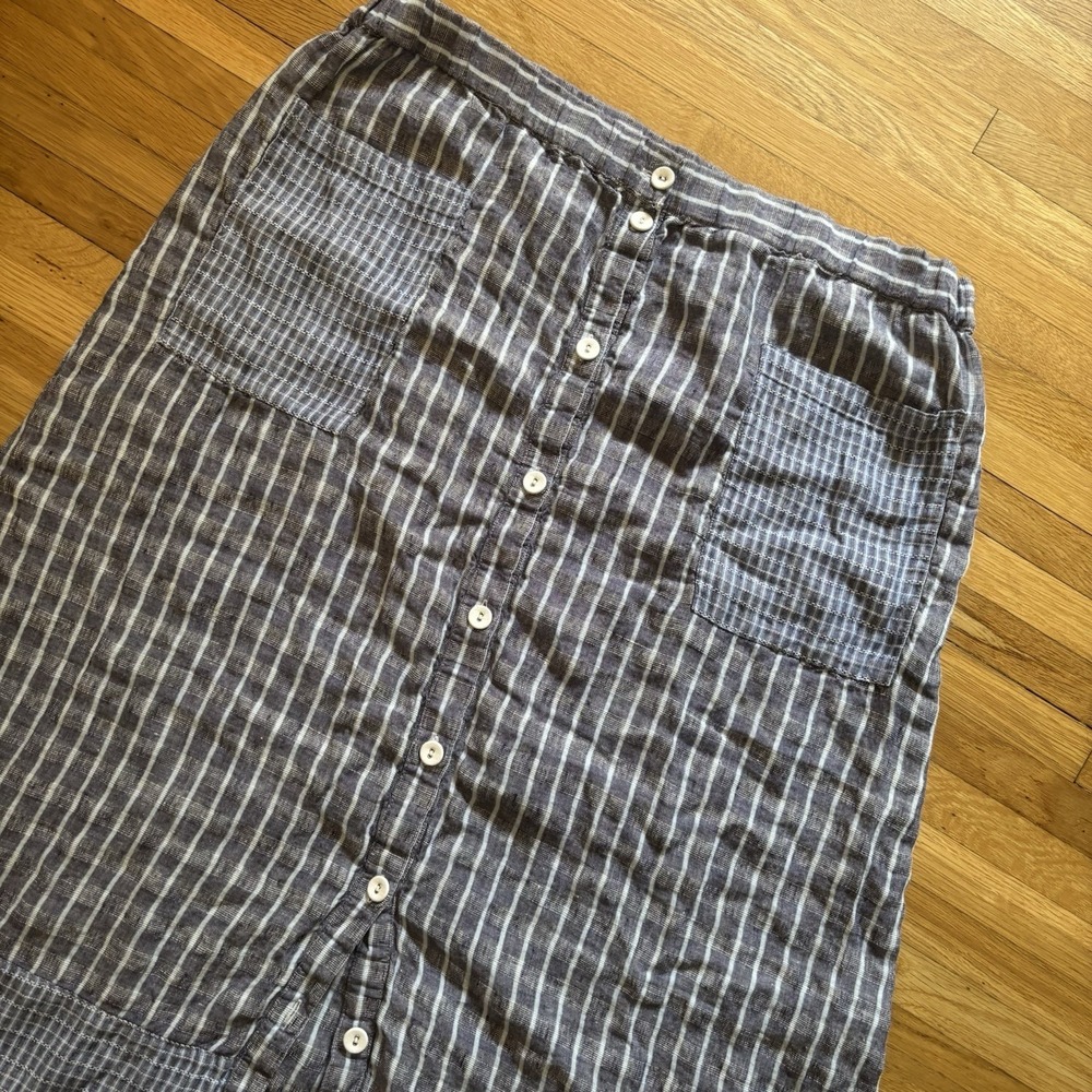 Poetry‎ 100% Linen Midi Skirt Womens 14 Blue White Checkered Lagenlook Coastal